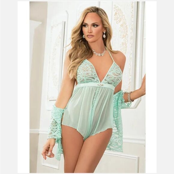 2 Pc Romper With Open Crotch Snaps and Lace Robe - One Size - Mint - Picture 5 of 7